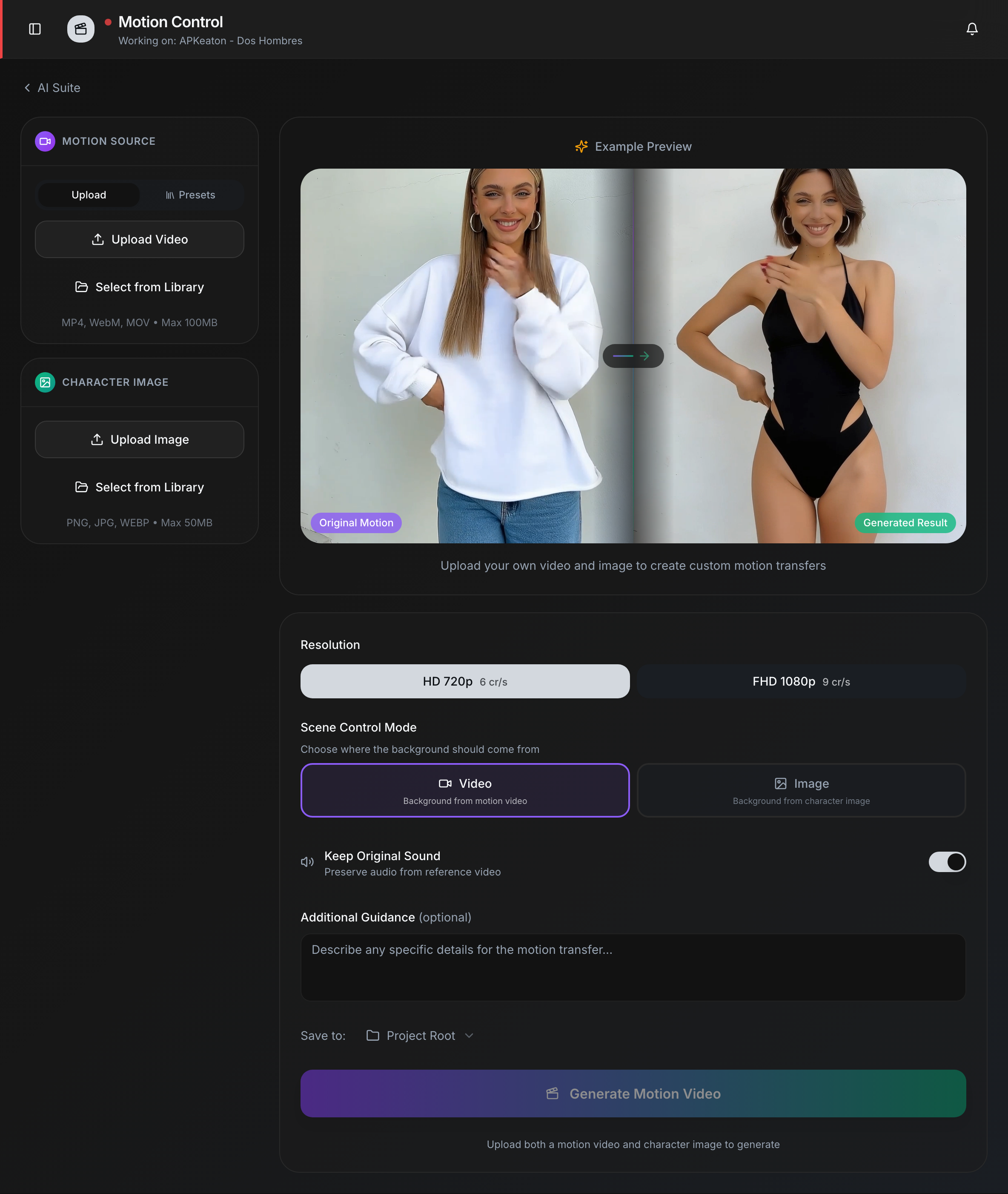 Motion Control interface showing the upload panel, example preview, and configuration settings